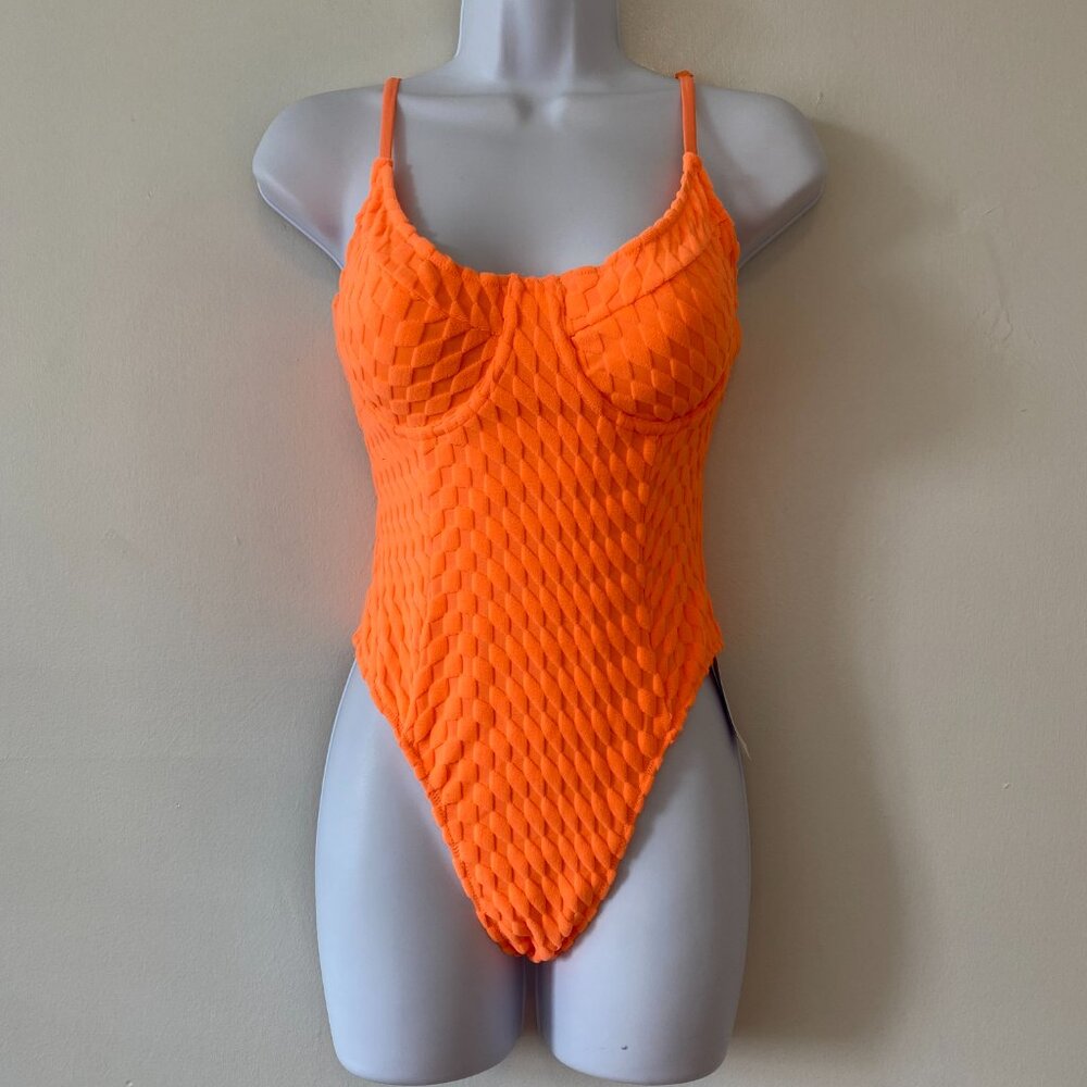 Good American Jacquard Show Off One Piece Swimsuit Womens 1 Small Orange Cream